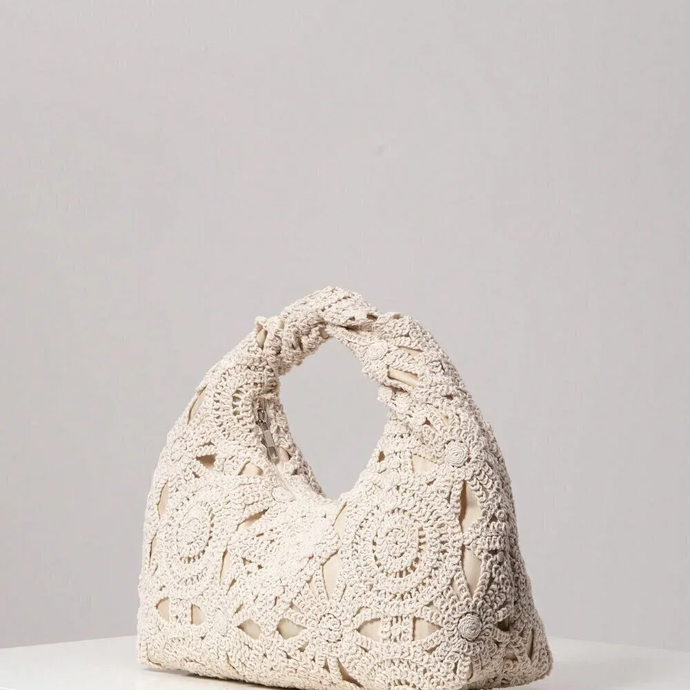 Apricot Boho Women's Hollow Floral Woven Bag